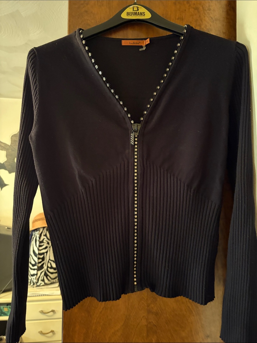 Belldini Navy V-Neck Zip Cardigan with Stud Trim